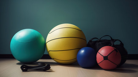 Set of sports equipment with fitness ball near light wall, generative aiの素材