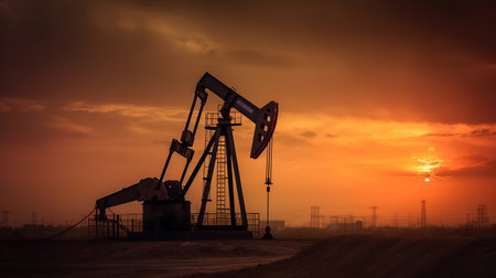 Oil pump, oil rig energy industrial machine for petroleum in the sunset background, generative aiの素材