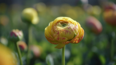Close up shot of a beautiful blossoming ranunculus bud in the field. Persian buttercup flower farm at springtime blooming season. AI Generativeの素材