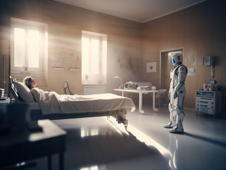 A smiling middle-aged patient lying on a bed. there is a robot as a doctor. cinematic light, generative aiの素材