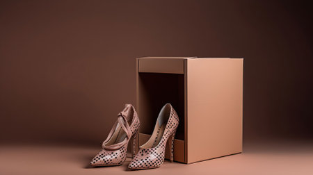 Cardboard box with high-heeled shoes on color background, AI Generativeの素材