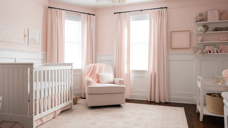 Cozy nursery with light pink walls and white wainscoting, generative aiの素材