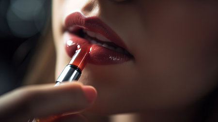 Young woman applying lip gloss, closeup. Generative AIの素材