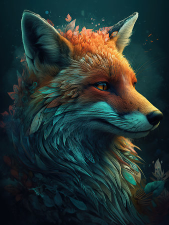 Fox in the style of colorful mindscapes, smokey background, detailed character illustrations. AI Generativeの素材