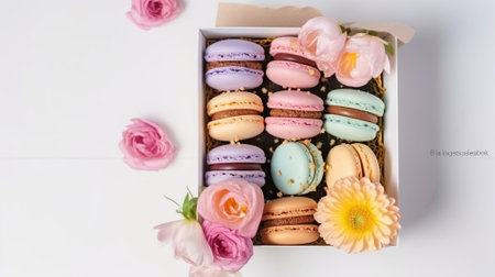 Celebrate Spring with a Box of Vibrant Macaroons and Seasonal Blooms on white background. AI Generativeの素材