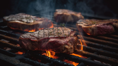 Steaks cooking over flaming grill, AI Generativeの素材