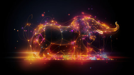 3d model of a colorful Elephant in different colors on black background, in the style of made of wire, nature-inspired installations, light white and orange. Generative AIの素材