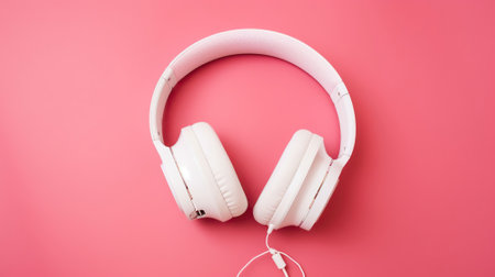 Minimalistic top view composition with white headphones on bright Pink background with a lot of copy space for your text. Close up, flat lay. AI Generativeの素材