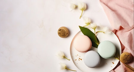 Stylish composition of French macarons eucalyptus and cotton boll on white stucco plaster textured table. Happy valentine Birthday spring present. AI Generativeの素材