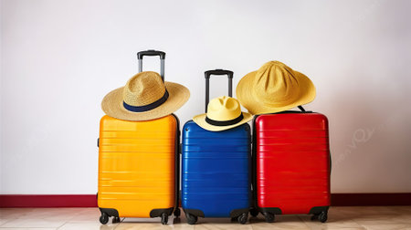 Three suitcases, red textile & blue hard shell luggage, extended telescopic handle, straw hat, yellow beach bag, white textured wall background. Couples retreat trip concept. AI Generativeの素材