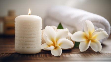 Spa composition massage herbal ball, plumeria flower in vase,coconut coffee soap,white towels and candle on white wood table background, AI Generativeの素材