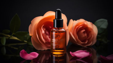 Bottle of vitamin C serum and rose flower in water on color background, AI Generativeの素材