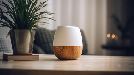 Wireless portable speaker and vase with plant branch on table. AI Generativeの素材