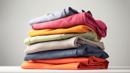 Stack of clothes on white table, closeup. AI Generativeの素材