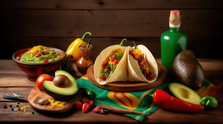 Composition with Mexican traditional food, maracas on grunge table, light background,. AI Generativeの素材