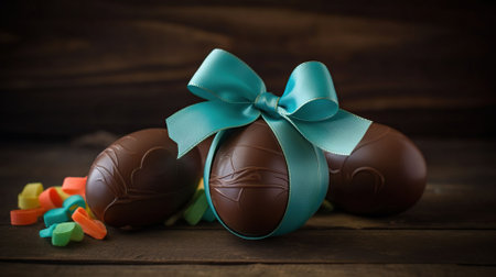 Chocolate Easter eggs with color ribbon bows on wooden background, AI Generativeの素材