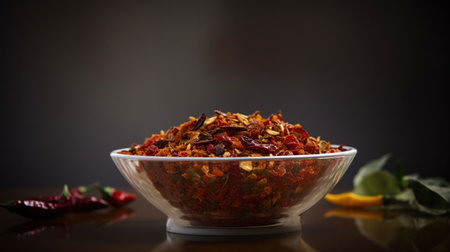 Bowl of chipotle chili flakes and dried jalapeno peppers, AI Generativeの素材
