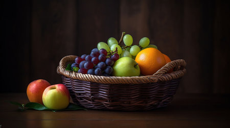 Basket with fresh fruits on table in kitchen, AI Generativeの素材
