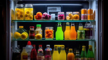 Different products on refrigerator shelves, AI Generativeの素材