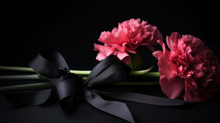 Black funeral ribbon with carnation flowers, AI Generativeの素材