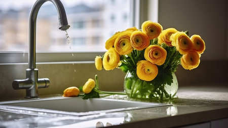 Beautiful lush bouquet of yellow ranunculus flowers on a marble kitchen counter under the window. Buttercups in the sink with running water. AI Generativeの素材