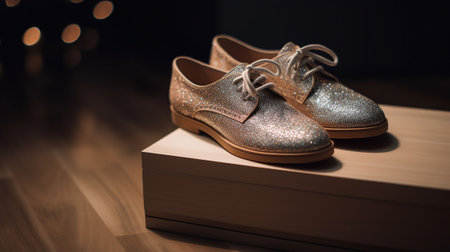 Box with pair of sparkly female shoes on floor, top view, AI Generativeの素材