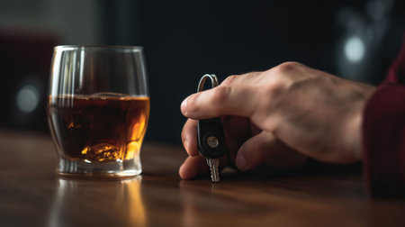 Close up view of man with car key and alcoholic beverage. Don't drink and drive concept, AI Generativeの素材