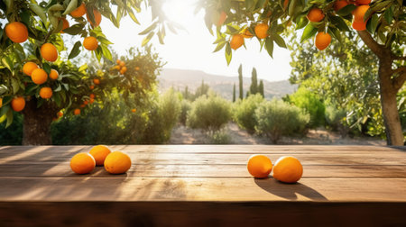 Wooden table place of free space for your decoration and orange trees with fruits in sun light. AI Generativeの素材