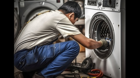 Plumber repairing washing machine. AI Generativeの素材