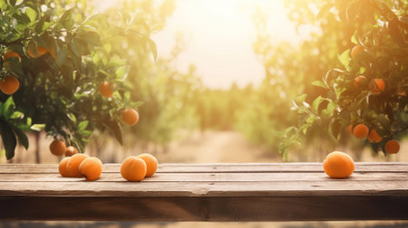 Wooden table place of free space for your decoration and orange trees with fruits in sun light. Copy space, commercial photography. AI Generativeの素材