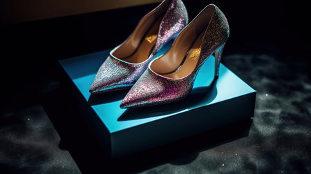 Box with pair of sparkly high heels on floor, AI Generativeの素材