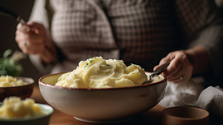 Woman preparing tasty mashed potatoes on light background, close up. AI Generativeの素材