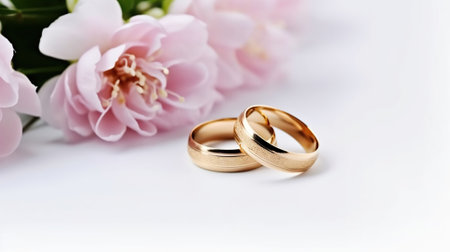 Pink flowers and two golden wedding rings on white background. AI Generativeの素材