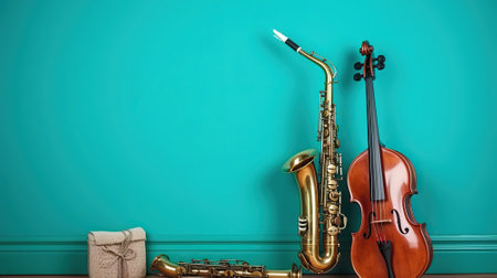 Musical instruments on turquoise wallpaper background, AI Generativeの素材