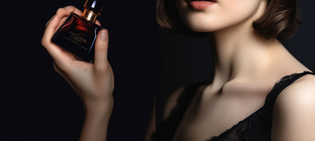 Beautiful young woman with bottle of perfume on dark background, closeup, AI Generativeの素材