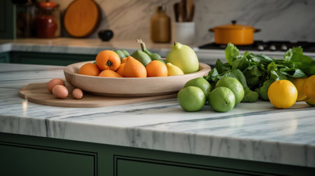 Close up shot of different raw fruits, vegetables and greens, wooden chopping boards on the marble countertop of kitchen with classic style interior. AI Generativeの素材