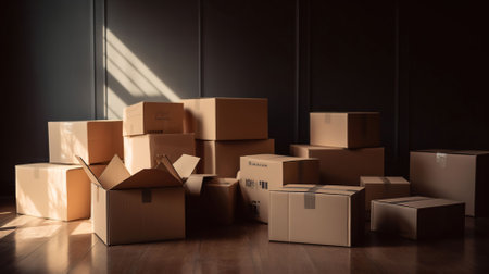 Carton boxes with stuff in empty room. Office move concept, AI Generativeの素材