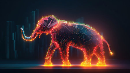 3d model of a colorful Elephant in different colors on black background, in the style of made of wire, light white and orange. Generative AIの素材