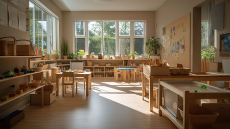 Interior of a montessori kindergarten, Concept of children learning. AI Generativeの素材