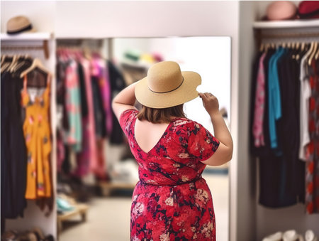 Beautiful overweight woman shopping in boutique, AI Generativeの素材