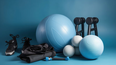 Set of sports equipment with fitness ball in gym on blue background. AI Generativeの素材