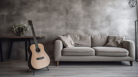 Minimalistic interior design concept. Acoustic guitar on grey textile sofa in spacious room of loft style apartment with wood textured laminated flooring. Close up. AI Generativeの素材