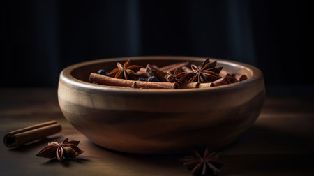 Wooden bowl with cinnamon sticks and anise on table. AI Generativeの素材