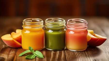 Jars with different baby food on wooden table, AI Generativeの素材