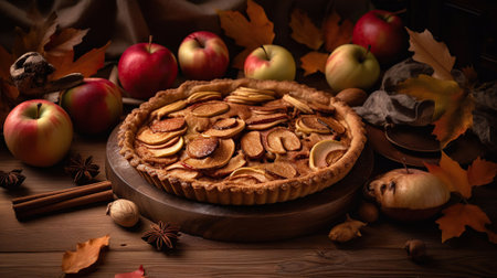 Traditional American Thanks Giving pie with whole organic apples, cinnamon sticks on wooden table. Homemade fruit tart baked to golden crust. Close up, copy space, AI Generativeの素材