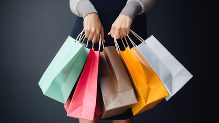 Cropped shot of female hand holding bunch of different colorful blank shopping bags over isolated black background. Many packets with in womans arms. Black friday sale concept. AI Generativeの素材
