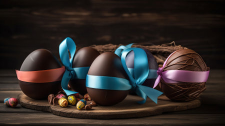 Chocolate Easter eggs with color ribbon bows on wooden background, AI Generativeの素材