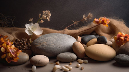 Composition with symbolic objects for spa salon. Stone therapy attributes for cosmetic procedures. Conceptual image, rocks and flowers representing balance. AI Generativeの素材