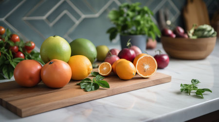 Close up shot of different raw fruits, vegetables and greens, wooden chopping boards on the marble countertop of kitchen with classic style interior. Pastel color facing tiles. AI Generativeの素材
