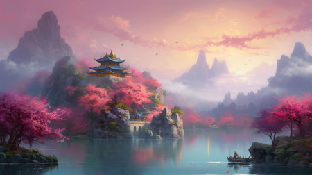The boundless peach blossom pool is thousands of feet deep, many peach trees and peach blossoms cover the entire crystal clear lake. AI Generativeの素材